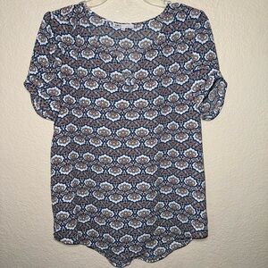 DR2 Women’s Medium Mosaic Print Cinched V-Neck Blouse Short Sleeve Top